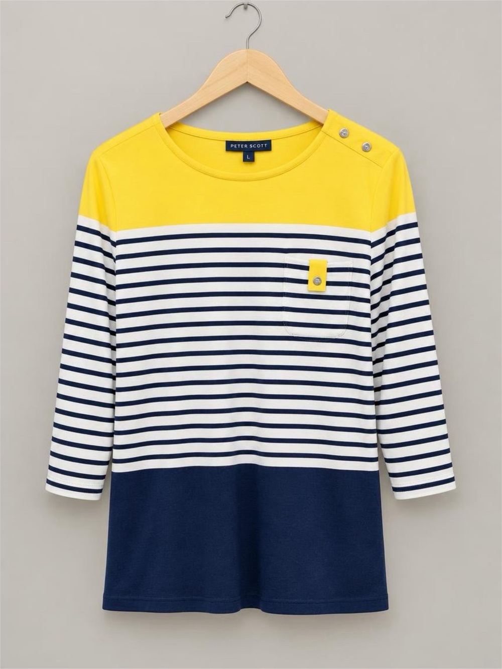 Karen Scott Yellow, Navy & White Striped Long Sleeve Tee with Button Shoulder